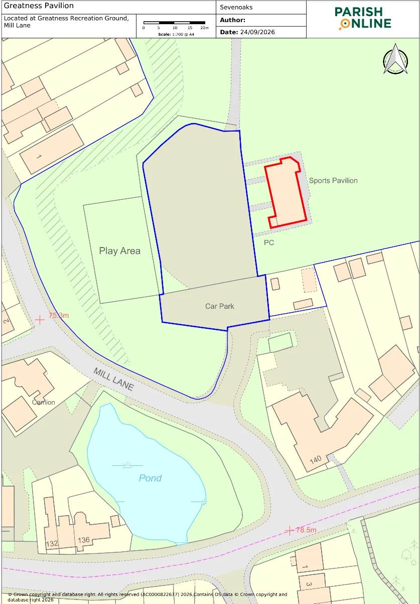 Location plan of Greatness Recreation Ground off Mill Lane, Sevenoaks, with the pavilion outlined in red north-east of the car park, the car park and parking outlined in blue, and the play area to the west