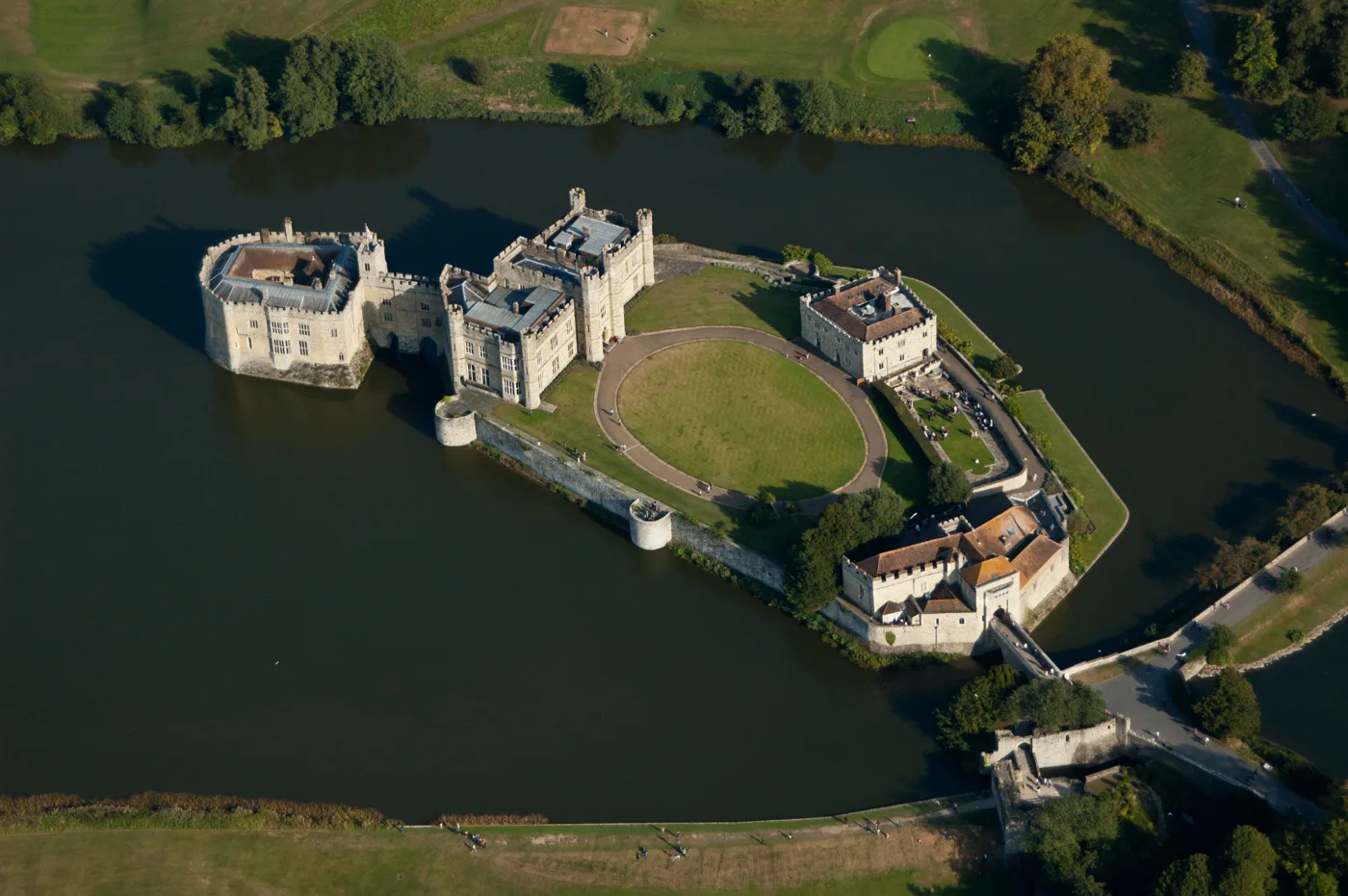 Leeds Castle from the air, on its islands in the moat, with the parkland around it.