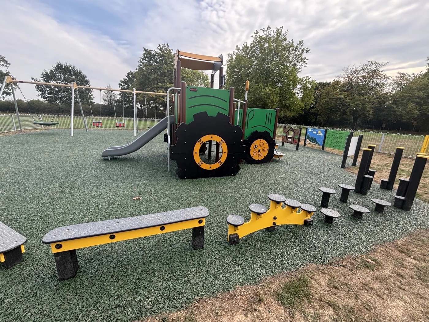 The new playground at Marsh Green, with its tractor-themed climbing unit, swings and stepping posts