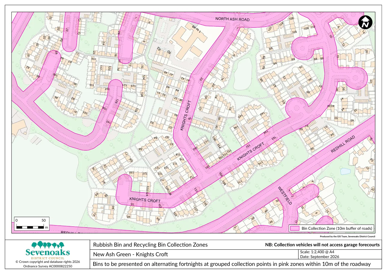 Sevenoaks District Council map of the Knights Croft area of New Ash Green, showing pink bin collection zones drawn 10 metres either side of the roads, with the note that collection vehicles will not access garage forecourts