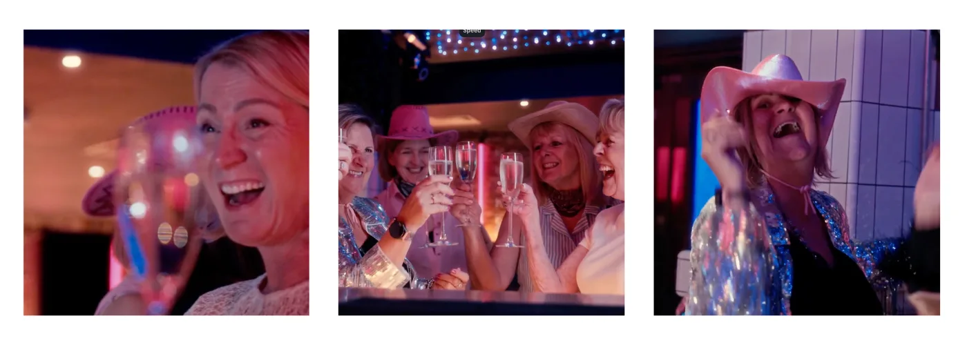 Three photographs of women in pink cowboy hats laughing and raising glasses of fizz at a bar