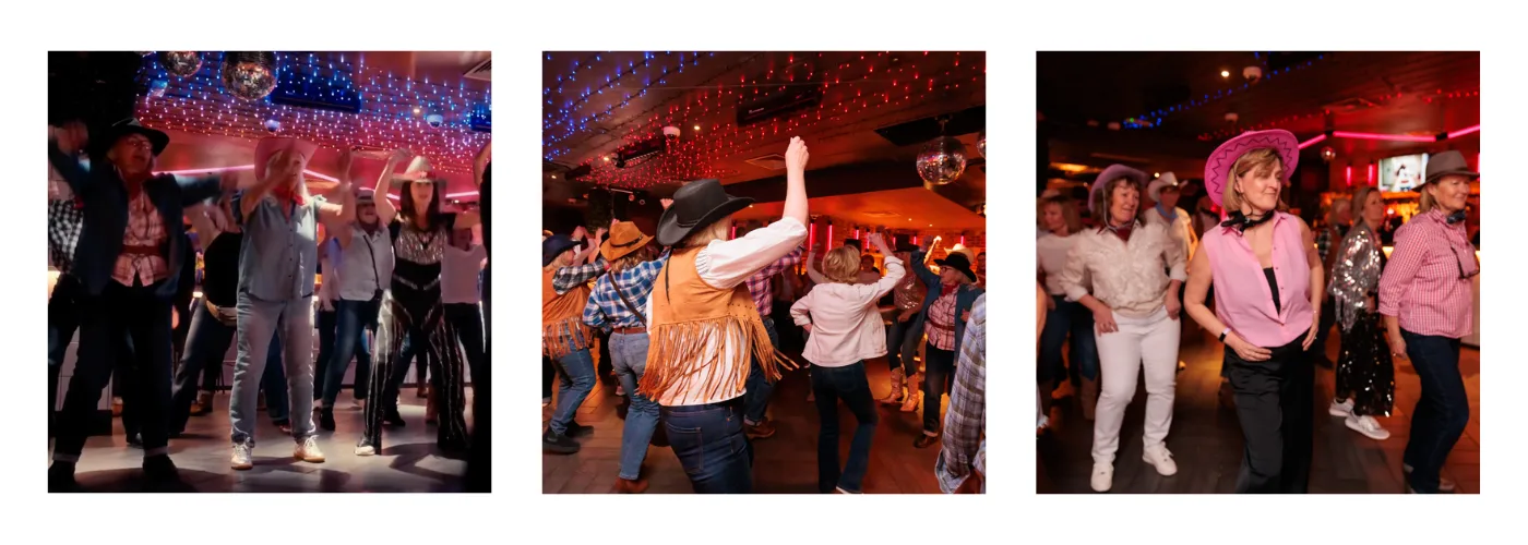 Three photographs of an audience line dancing under coloured lights, some in cowboy hats and fringed waistcoats