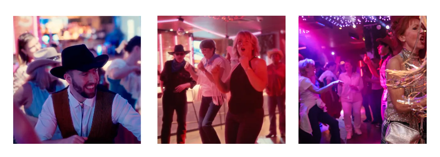 Three photographs: a performer in a black cowboy hat and waistcoat, and audience members dancing under pink and purple lights