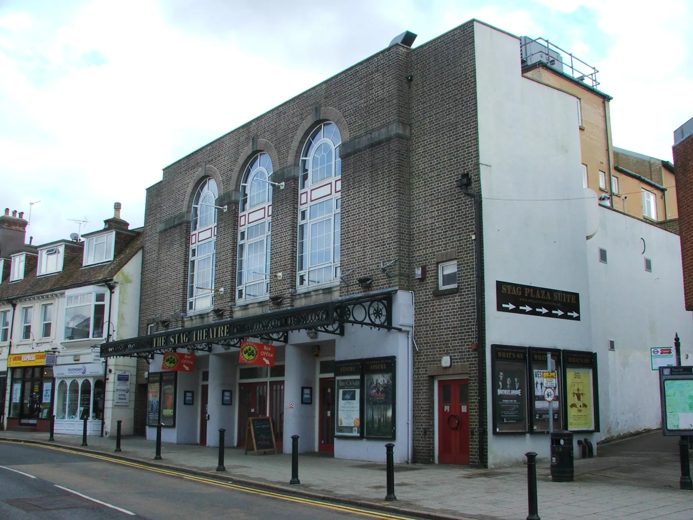 The Stag on London Road, Sevenoaks, home of the town's two cinema screens and its theatre, with the box office entrance under the canopy.