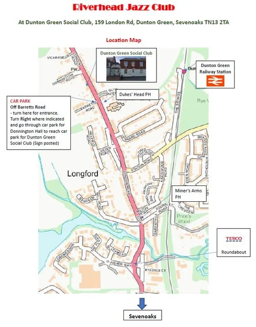 Riverhead Jazz Club location map showing Dunton Green Social Club on London Road, the car park entrance off Barretts Road by the Duke's Head pub, and Dunton Green railway station
