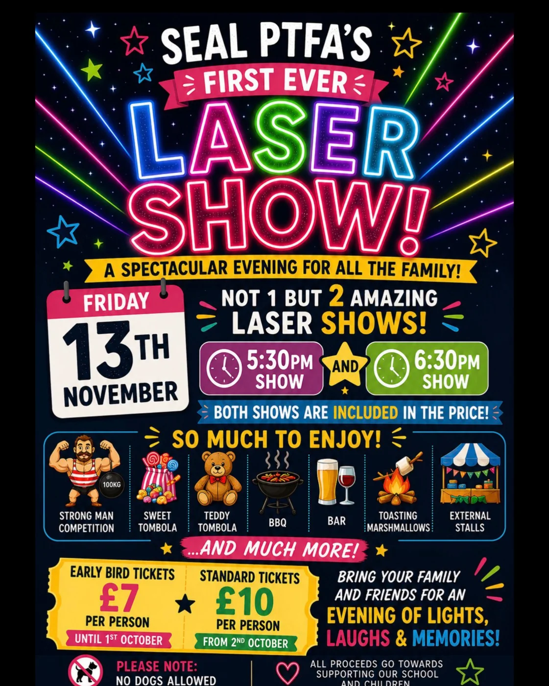 Seal PTFA poster for its first laser show on Friday 13 November, with shows at 5.30pm and 6.30pm, tickets £10 per person