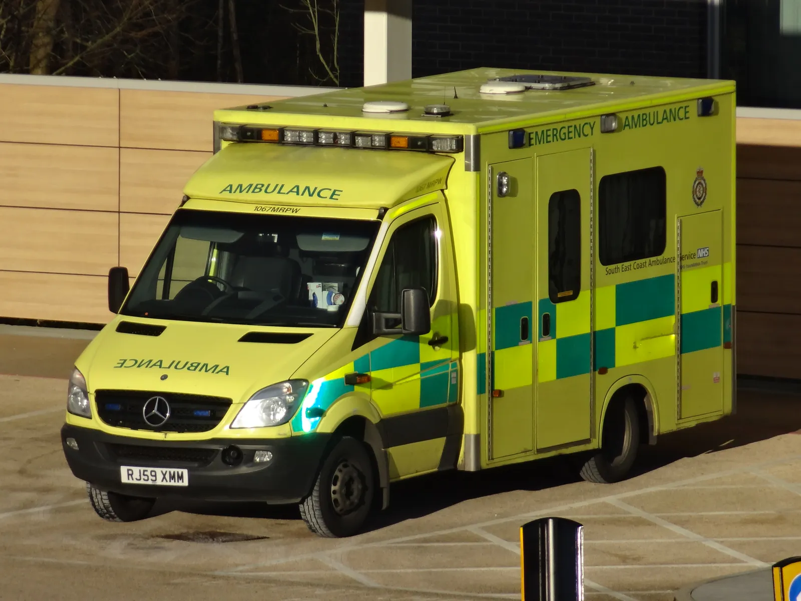 A South East Coast Ambulance Service emergency ambulance at Pembury Hospital, Tunbridge Wells