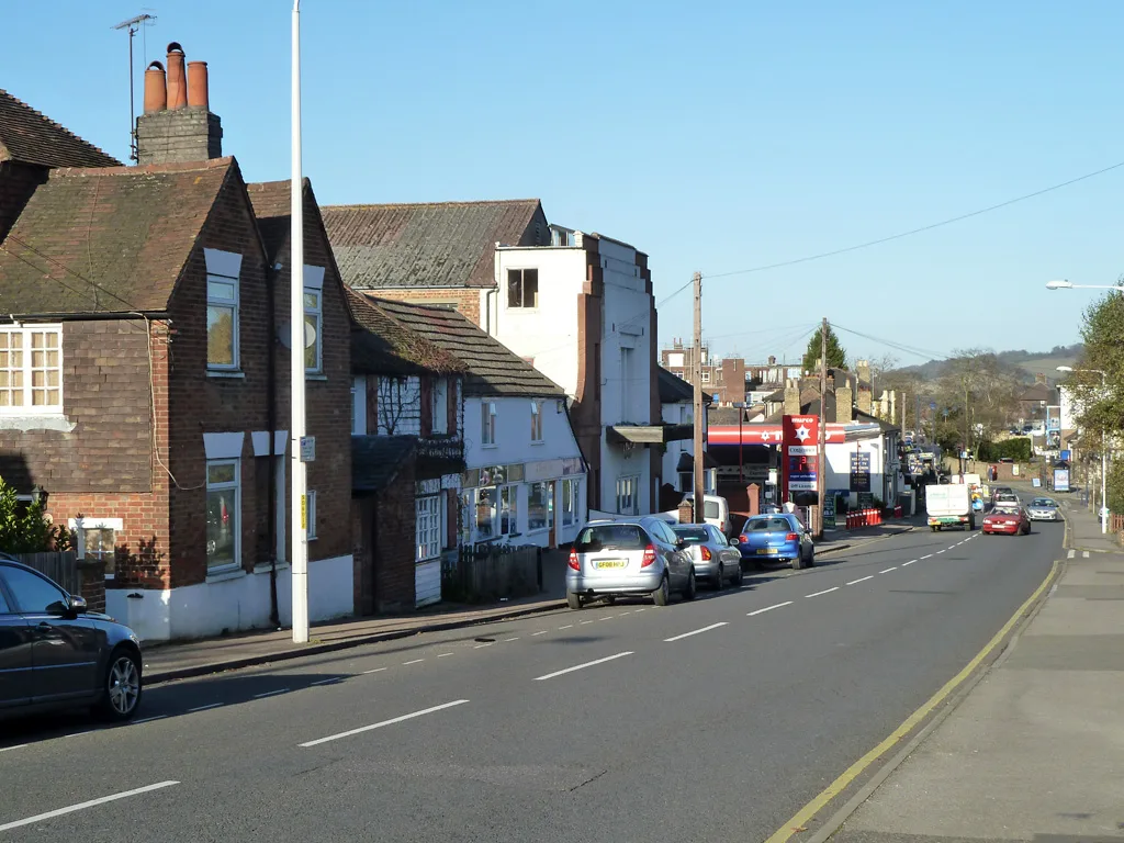 St John's Hill, Sevenoaks, photographed in 2011, with the filling station on the right