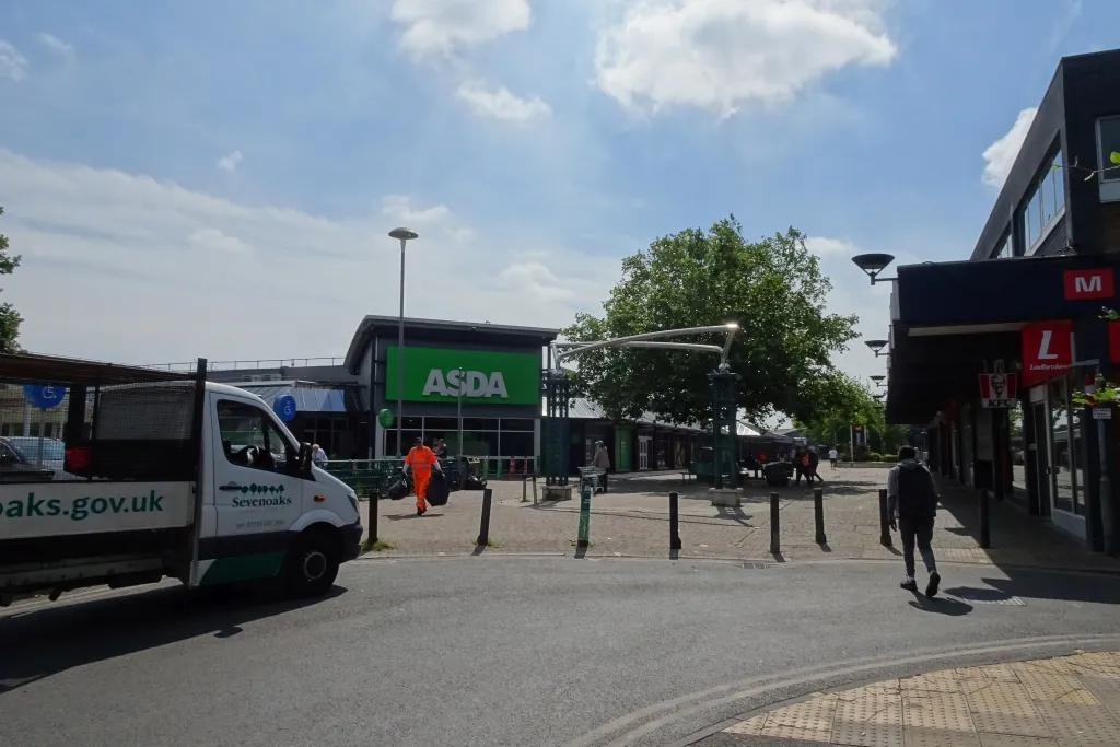 Asda on London Road, Swanley, and the front of its car park