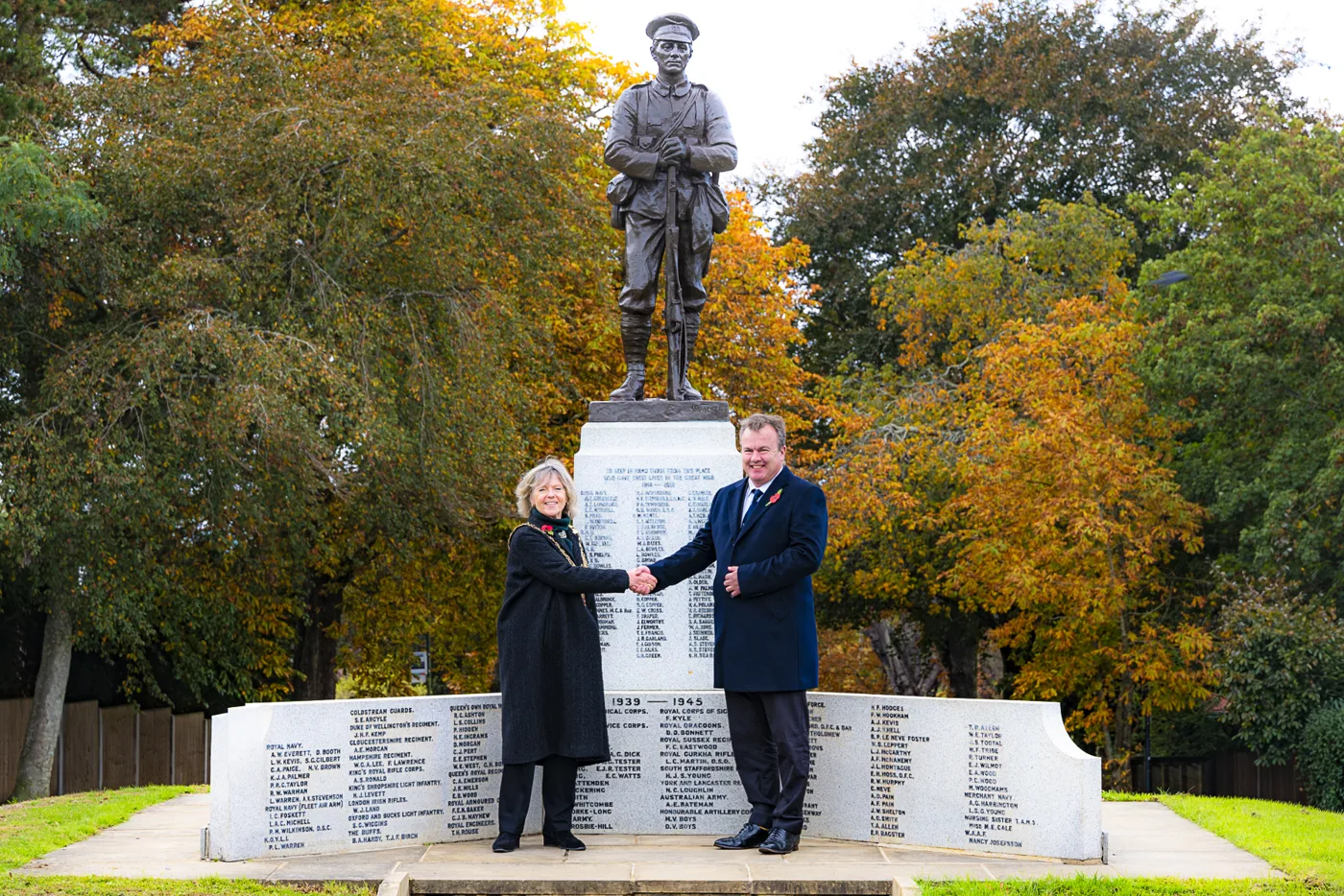 The Mayor of Sevenoaks, Cllr Victoria Granville, and Cllr Richard Streatfeild MBE at the restored Vine War Memorial