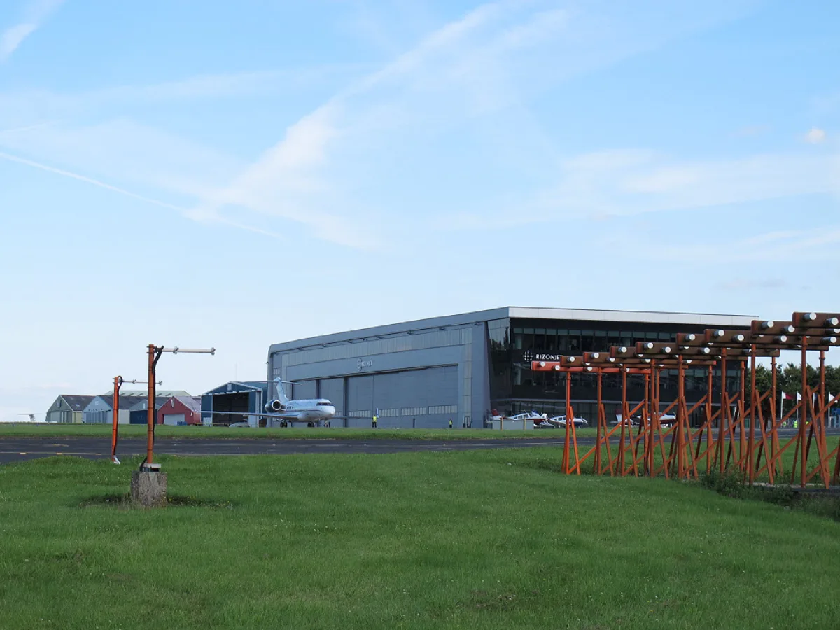 Buildings at London Biggin Hill Airport, seen from the perimeter fence