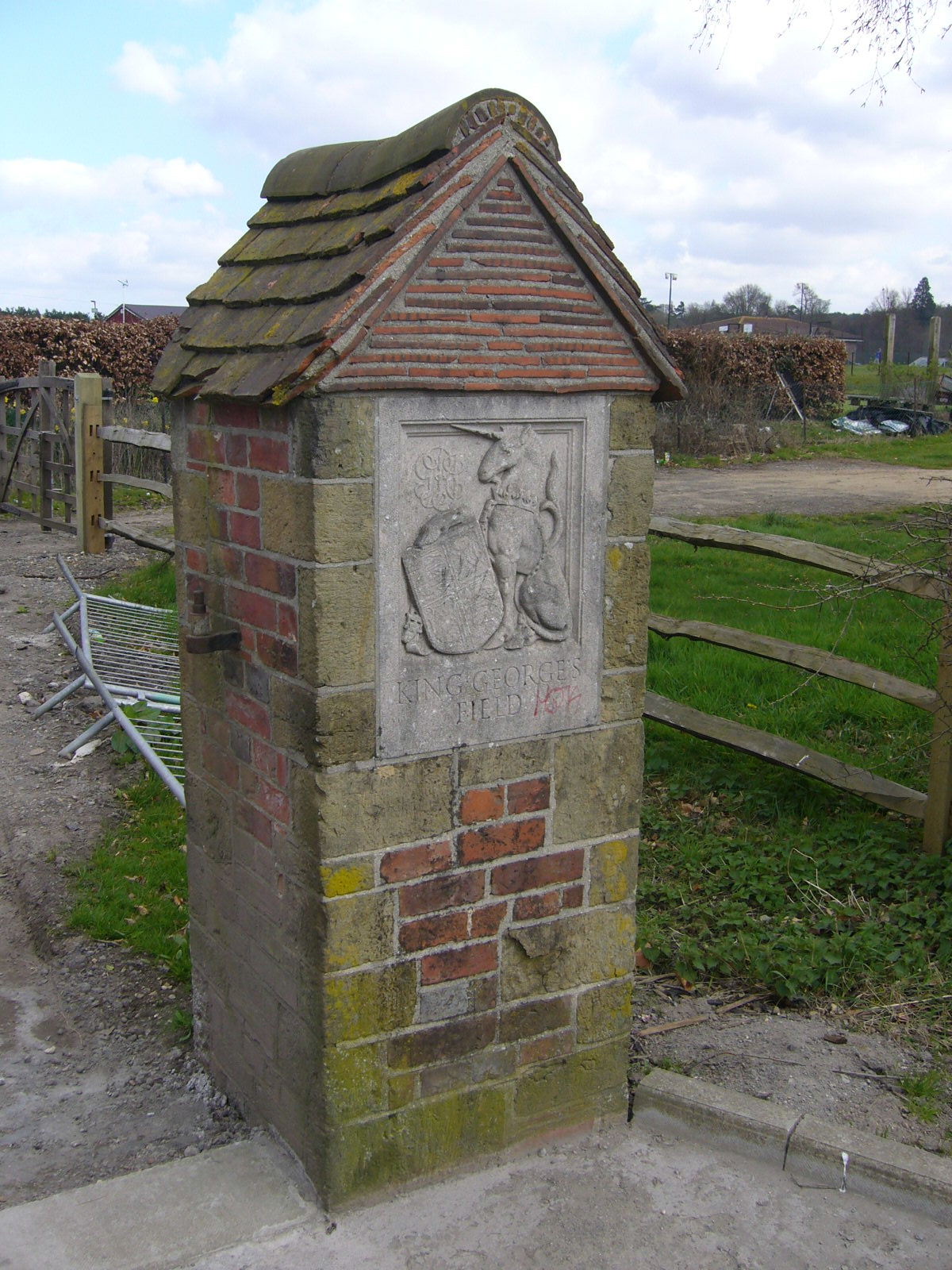 A gatepost at the entrance to King George's Field, Costells Meadow, Westerham